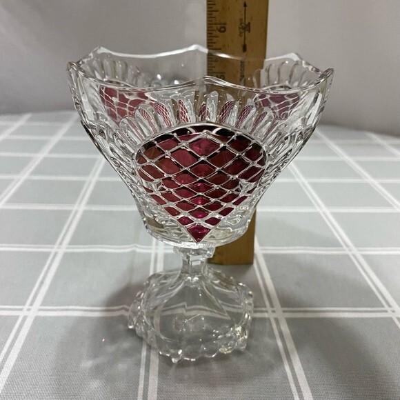 Vtg Ruby Red Glass Pedestal Bowl Diamond Point Teardrop 3 Sided Dish Unique - Picture 6 of 8